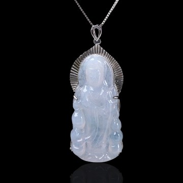 冰種翡翠觀音菩薩項鍊 925純銀 | 天然緬甸玉翡翠A貨 | 送禮