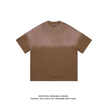 KKyesiou美式復古水洗做舊印花短袖T恤男女重磅漸變純棉情侶體恤