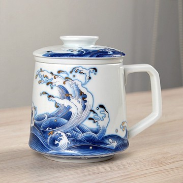 陶瓷水杯白瓷辦公杯帶蓋馬克杯男過濾杯子辦公室喝茶杯大容量家用