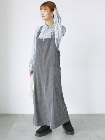 工裝風半拉鍊直筒牛仔吊帶長裙(0F000256610) - Lugnoncure