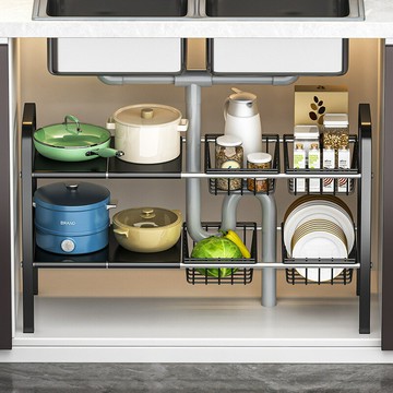 可伸縮廚房下水槽置物架衛生間洗手盆水池下方櫥櫃鍋具收納架鍋架