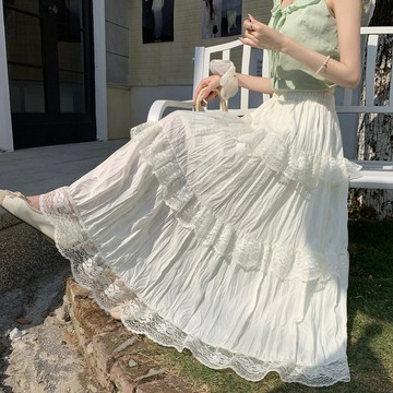 米白色蕾絲花邊半身裙女春夏季設計感蛋糕裙小個子中長款百褶長裙