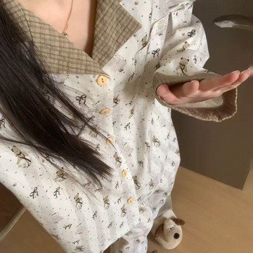 睡衣套裝女 100%純棉睡衣女 春秋季長袖睡衣 甜美可愛家居服 卡通全棉睡衣 可外穿家居服 寬鬆睡衣套裝 家居服女