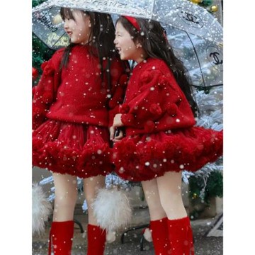 tutu裙女童秋冬套裝紅色毛衣圣誕節蓬蓬兔兔突突半身裙短新年過年
