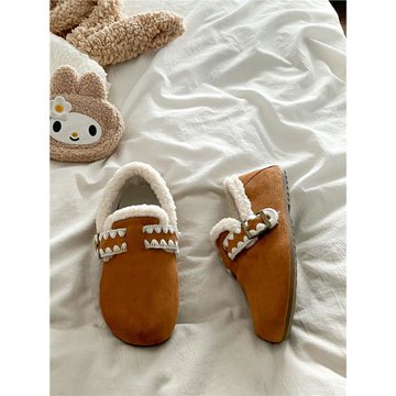 加絨米色內增高全包勃肯鞋女2025秋冬新款外穿平底一腳蹬保暖棉鞋