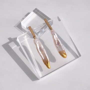 【稀有・限量】長條形珍珠 × 金箔 垂墜長耳環 個性巴洛克珍珠 不鏽鋼 18KGP