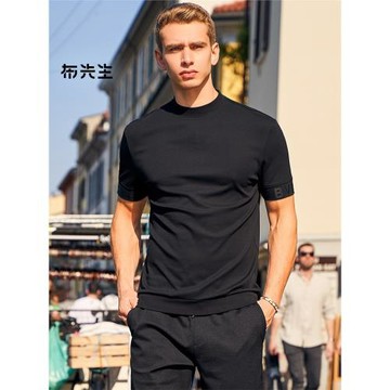 MrBu布先生袖口啞光英文小半高領親膚短袖t恤圓領男士上衣AT10637