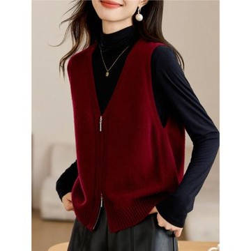 超好看純羊毛氣質V領針織馬甲外套女款春秋高級感雙拉鏈毛衣背心