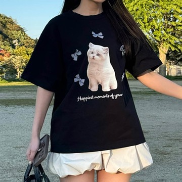 日本 GRL - 蝴蝶結裝飾可愛印花T恤-萌萌小貓-黑 (F)