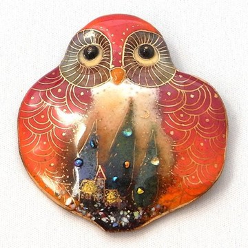 貓頭鷹（大-紅）2號 七寶燒胸針