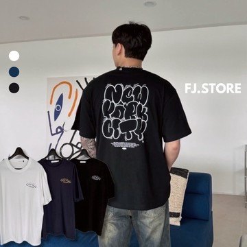 【FJstore】NYC泡泡英文字體 短T 短踢 寬鬆 落肩 圓領 短袖上衣 男生短袖 女上衣 情侶 T恤