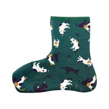 日本 Poka 保暖襪-綠底貓咪 短襪 裏起毛 襪套 室內拖鞋 防滑鞋底 地板襪【南風百貨】