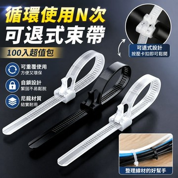 🐎現 可退式束帶100入 自鎖 塑膠束帶 尼龍紮線帶 整線器 電線整理 尼龍繩 可退式束線帶 可調式束帶 束線帶