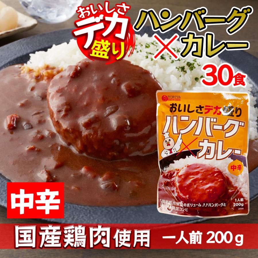 デカ盛り ハンバーグカレー レトルトカレー 国産鶏肉 使用 200g 1人前 × 30食セット 中辛 ボリューム満点 電子レンジ 簡単調理