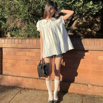 Muun Studio韓國小眾復古俏皮褶皺層次娃娃領寬松毛邊水洗上衣女夏