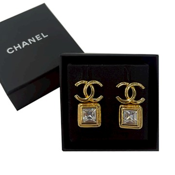 二手品 CHANEL 雙C大方水鑽耳環 金色