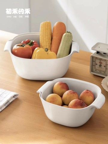 雙層洗菜盆瀝水籃家用廚房過濾藍帶手柄洗水果蔬菜大號水槽濾水籃