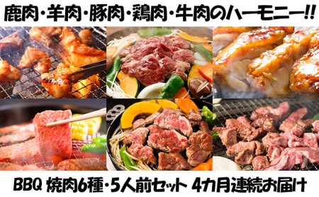 定期便 4ヵ月連続4回 BBQ 焼肉 5人前セット 6種 各1 お肉 牛肉 豚肉 鶏肉 羊肉 鹿肉 肉 ジビエ ジンギスカン 味付き たれ 焼き肉 バーベキュー アウトドア パーティー 詰め合わせ お取り寄せ 冷凍 ギフト 久上工藤商店