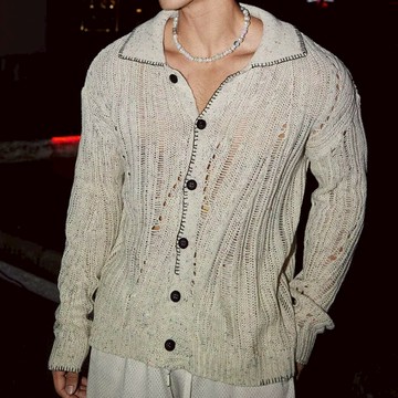 秋季新款翻領針織開衫外套男設計感時尚小眾毛衣鏤空罩衫