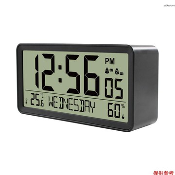 LCD數字鬧鐘 電池供電的桌面電子鐘 溫溼度儀表 日期 背光 貪睡功能 雙鬧鈴 黑色 EM1354B 出貨不帶電池
