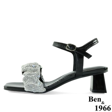 Ben&1966高級頭層羊皮華麗水鑽涼鞋-黑(216451)