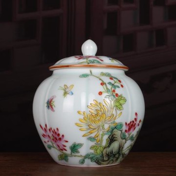 精品乾隆粉彩手繪菊花紋茶葉罐茶倉景德鎮古玩古董陶瓷器仿古茶具