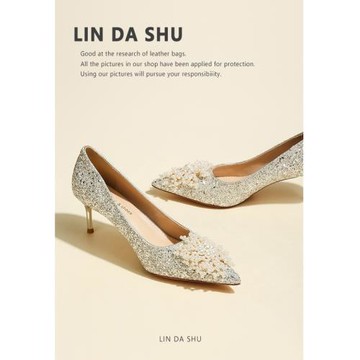 【林大叔】法式優雅水晶婚鞋女細跟不累腳尖頭珍珠婚禮高跟鞋銀色