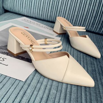 大碼時裝涼鞋高跟鞋女2025新款夏季中跟粗跟黑色尖頭兩穿外穿女鞋