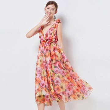 《D'Fina 時尚女裝》 歐美法式度假風V領無袖真絲皺印花洋裝