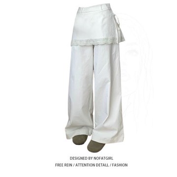 大碼胖MM設計感蕾絲邊抽繩裙褲女春季新款寬松顯瘦闊腿百搭休閑褲