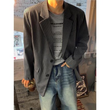 條紋西裝外套男春秋美式高街痞帥休閑小西服潮牌潮流大碼寬松夾克