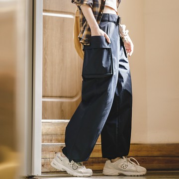 馬登女裝 美式復古直筒寬褲設計感休閒工裝褲口袋機能寬鬆長褲