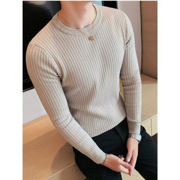 純色坑條圓領毛衣男修身秋冬季毛線針織衫男款條紋內搭打底衫上衣