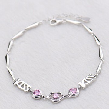 925純銀手鍊水晶手環-KISS英文字母時尚情人節生日禮物女飾品3色73ly34【獨家進口】【米蘭精品】