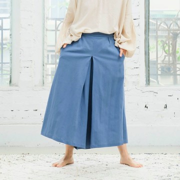 OMAKE 側拉鍊八分寬褲裙 / 菱紋布 灰藍