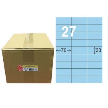 【龍德】LONGDER 三用電腦標籤 A4 27格 33*70mm淺藍1000張/箱 LD-840-B-B(適用雷射、噴墨、影印)