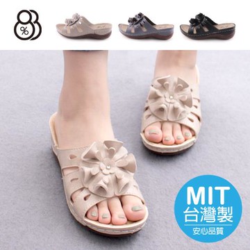 【88%】後底厚5cm 前底厚2cm 復古皮革花朵 楔型厚底圓頭涼拖鞋 MIT台灣製