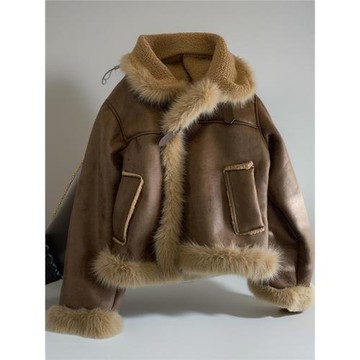 LILY MOST短款鹿皮絨機車外套女2024年冬氣質羊羔絨皮毛一體夾克