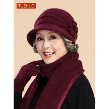 中老年人媽媽帽子女士秋冬季老太太奶奶加絨保暖毛線帽圍巾兩件套