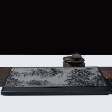 整塊天然烏金石茶盤家用簡約磨光火燒影雕茶盤