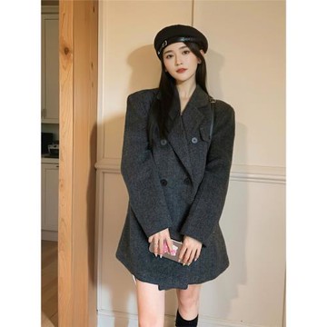 短款西裝人字紋毛呢外套女2024新款秋冬高級感超好看加厚加棉大衣