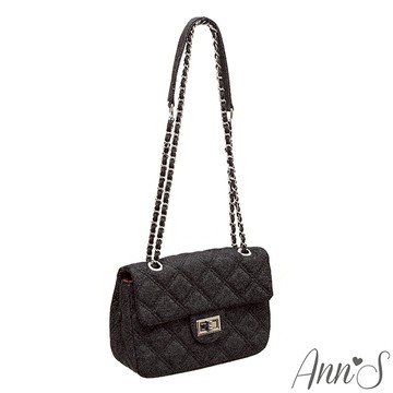 Ann'S 小香風牛仔單寧菱格雙車線鏈帶小方包-黑