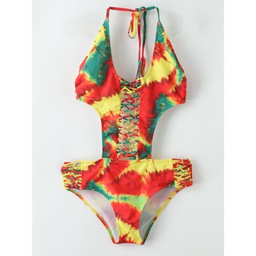 諾諾E站【GS】歐美三角連體泳衣掛脖式扎染修身顯瘦性感比基尼