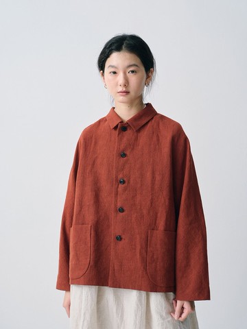 水洗亞麻橘紅色傘型短外套