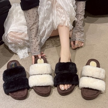 白鳥麗子 [現貨快出] 35-42全尺碼 居家外出兩穿 雙帶毛毛平底拖鞋