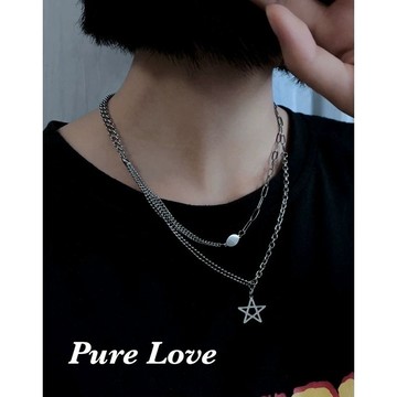 Pure Love樂芙 / 正韓 鈦鋼【316L醫療鋼】G01097鏤空星星拼接圓珠不對稱鎖骨鏈 短項鏈 / 銀