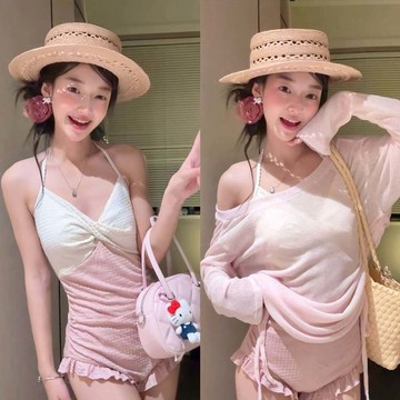 夏季必備🌞 韓版少女連體泳衣女保守修身顯瘦花邊罩衫防曬遮肉學生粉色吊帶