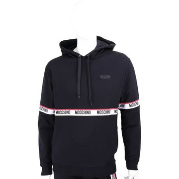 MOSCHINO 字母織帶黑色內刷毛連帽運動衫 大學T(男/女可穿)