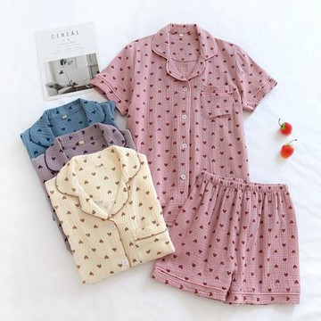 夏季女短袖睡衣套裝純棉水洗縐布女士家居服套裝雙層紗布桃心前扣