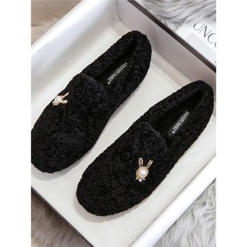 毛毛鞋女秋冬季2025新款珍珠扣加絨棉鞋外穿瓢鞋小碼33厚底豆豆鞋